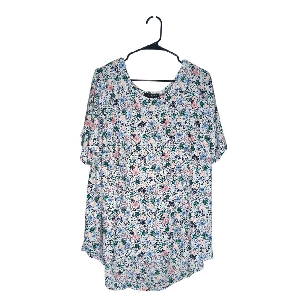 PREMISE WOMAN Casual Comfort Women's 2X White Floral Scoop Neck Short Sleeve Top